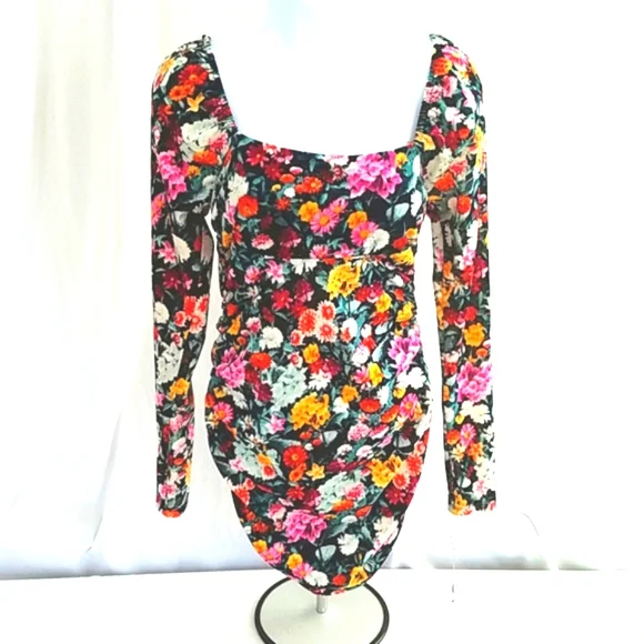 Wild Fabel Women's Floral Print Long Sleeve Velvet Ruched Bodycon Dress Size XS - Picture 2 of 5